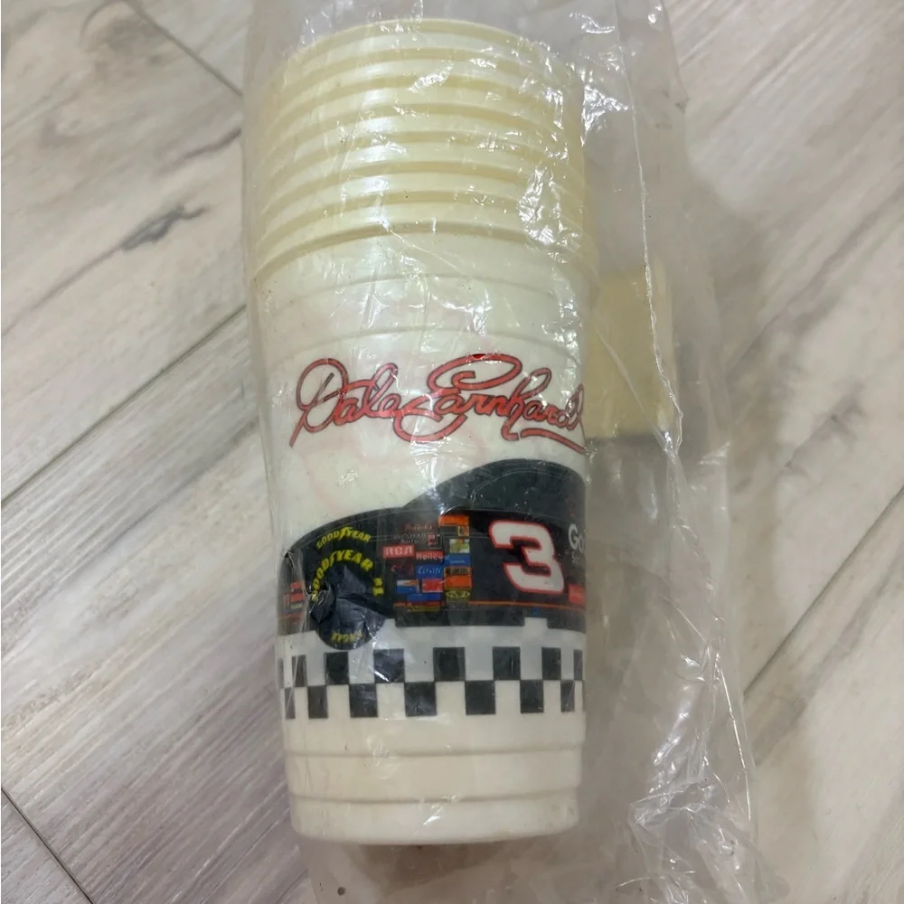 vintage Fan Fueler plastic cups featuring Dale Earnhardt's #3 NASCAR design